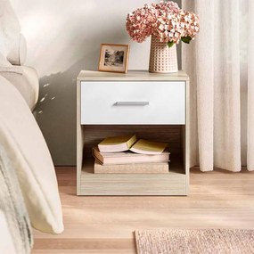 Mesa de cabeçeira com gaveta e compartimento aberto 28 x 39 x 41 cm Bege natural - branco clássico