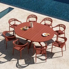 Conjunto De Mesa Extensível Redonda 145-200x145 Cm Barces E 8 Cadeiras De Jardim Empilháveis Com Apoios De Braços Em Alumínio Am Telha Vermelha -