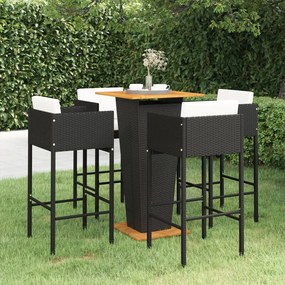 vidaXL 5 pcs conjunto de bar p/ jardim c/ almofadões vime PE preto