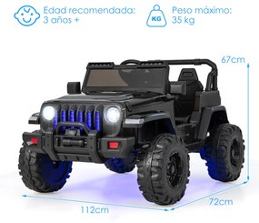 Carro Elétrico para Crianças 12V 2 Lugares Velocidade Ajustável Todo-o-Terreno com Controlo Remoto 2.4G Música Luzes USB Preto