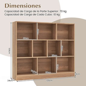 Estante de 10 cubos com 3 níveis de arrumação para sala de estar e quarto 120 x 24 x 104 cm Natural