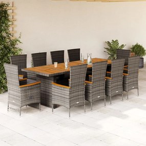 vidaXL 11 pcs conjunto jantar p/ jardim c/ almofadões vime PE cinzento