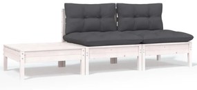 vidaXL 3 pcs conjunto lounge jardim c/ almofadões pinho maciço branco