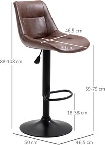 Conjunto de 2 bancos de bar vintage, ajustáveis e giratórios, com apoio para os pés, revestimento sintético castanho com efeito envelhecido