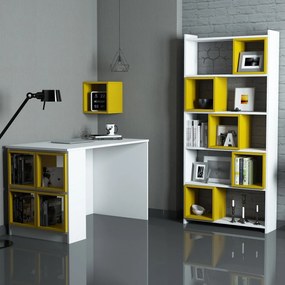Secretária de Estudo e Estante Box – Branco e Amarelo – Medidas Variad