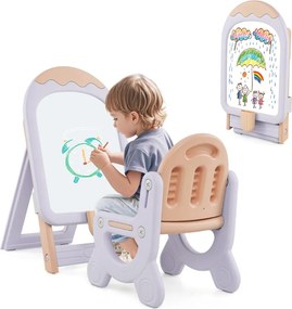 Cavalete de arte dobrável com altura ajustável, cadeira, marcadores e brinquedos magnéticos para crianças roxo