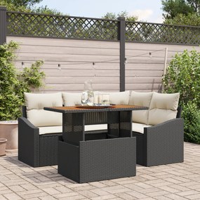 Conjunto de Sofá de Jardim de 5 Peças com Almofadas Preto Rattan PE