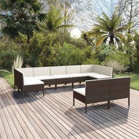 vidaXL 9 pcs conjunto lounge jardim c/ almofadões vime PE castanho