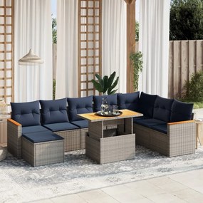 vidaXL 9 pcs conjunto sofás p/ jardim c/ almofadões vime PE cinzento