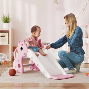 Escorrega infantil 3 em 1 em forma de girafa com cesto de basquetebol, trepa-trepa e bola, 106 x 51,5 x 52 cm, rosa