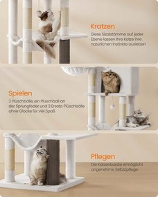 Arranhador para gatos com 175 cm de altura, 2 cavernas e 2 cavidades para descansar, branco creme