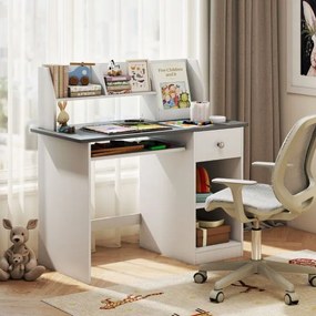 Secretária  para crianças com bandeja para teclado, gaveta e estante multifuncional (CADEIRA NÃO INCLUIDA) cinza + branco