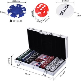 Mala de Poker Profissional com 300 Fichas Jogo de Poker com Mala de Alumínio 5 Dados 2 Baralhos de Cartas e 1 Ficha de Dealer 38x20,5x6,5cm Multicor