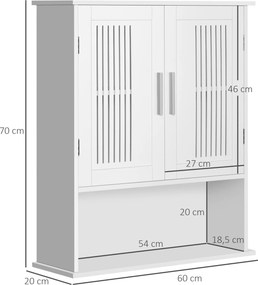 Armário de Parede Casa de Banho com Armazenamento 2 Portas em Ripas Prateleira Ajustável e Compartimento 60x20x70 cm Branco