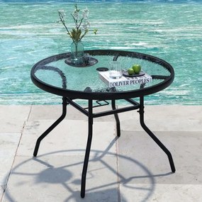 Mesa jarim para exterior com vidro temperado 70 x 70 x 45,5 cm, orifício para guarda-sol e metal para jardim ou terraço Preta