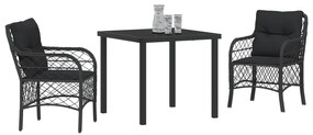 Conjunto de Jantar de Jardim 3 Peças com Almofadas Preto Rattan Poliés