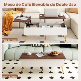 Mesa de centro moderna elevável com 2 compartimentos de armazenamento ocultos 111 x 48 x 40-53,5 cm Branco e cor nogueira