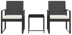 3 pcs conjunto de jantar p/ jardim c/ almofadões vime PP preto