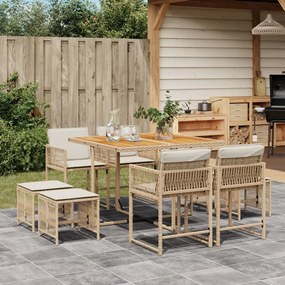 vidaXL 9 pcs conjunto de jantar p/ jardim com almofadões vime PE bege
