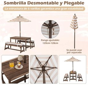 Mesa de piquenique infantil com guarda-sol Conjunto de mesa e banco de madeira com almofadas para exterior, jardim e pátio Castanho