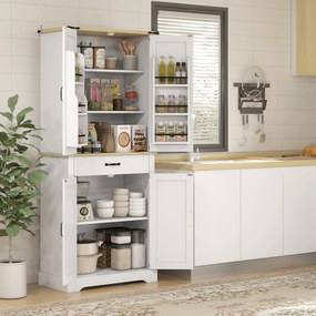 Armário de cozinha tipo aparador, 4 portas, 6 prateleiras com porta, 1 gaveta e prateleiras ajustáveis, 76,5 x 40 x 181 cm, branco