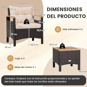 Conjunto de jardim de 3 peças com mesa de café Almofada amovível Apoio de braços em madeira de acácia para jardim Piscina Castanho