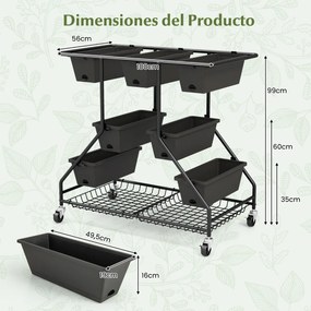Floreira elevada com rodas 7 caixas de plantação Cestos de arrumação 100 x 56 x 99 cm Preto