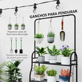 Suporte para Plantas de 3 Níveis Suporte para Vasos de Plantas com Ganchos de Metal Barra para Pendurar 75x25x137 cm Preto