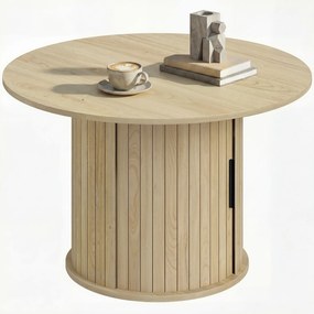 Mesa de centro redonda 80L x 80P x 50A cm, mesa de sala com espaço de arrumação, porta de correr com ripas, 2 prateleiras, efeito de madeira natural