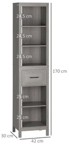 kleankin Coluna Casa de Banho com 1 Gaveta e Prateleiras Abertas Móvel Auxiliar de Armazenamento para Sala de Estar Dormitório Anti-Tombo 42x30x170cm Cinza
