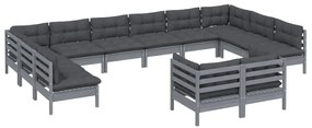 12pcs conjunto lounge de jardim + almofadões pinho maciço cinza