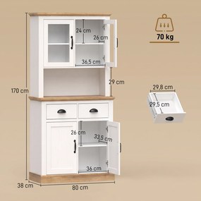 Armario Alto de Cozinha, 80 x 38 x 170 cm, Prateleiras Reguláveis, Branco