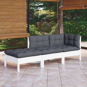 3 pcs conjunto lounge de jardim c/ almofadões pinho maciço