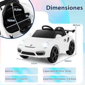 Carro elétrico para crianças de 12 V Porsche licenciado com comando à distância, música, luzes LED, buzina, arranque suave, branco