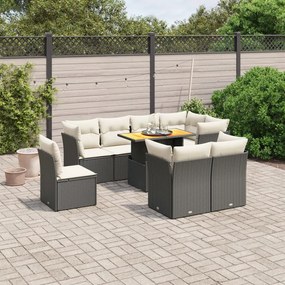 9 pcs conjunto de sofás p/ jardim c/ almofadões vime PE preto
