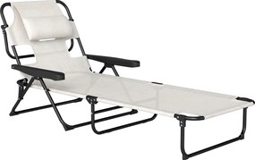 Outsunny Espreguiçadeira de Praia Dobrável Jardim Encosto Ajustável 4 Níveis Orifício Leitura Almofada Confortável 194x72x31 cm Creme | Aosom Portugal