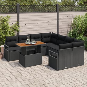 Conjunto de Sofá de Jardim de 9 Peças com Almofadas Preto de Vime Poli