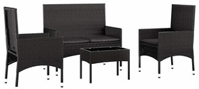 4 pcs conjunto lounge de jardim c/ almofadões vime PE preto