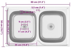 Lava-louça cozinha + cuba dupla 800x500x155mm aço inox prateado