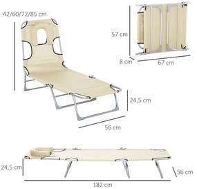 Espreguiçadeira de Jardim Reclinável e Dobrável com Orifício de Leitura Apoio para Cabeça e Encosto Ajustável em 5 Níveis para Praia 182x56x24,5 cm Be