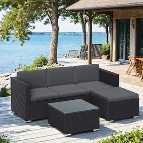 Conjunto de móveis de jardim, mobiliário de pátio em Polyrattan, mobiliário de varanda com almofadas e mesa de vidro Preto-cinzento