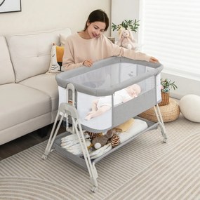 Berço lateral dobrável e portátil para bebés, com 7 alturas ajustáveis, colchão confortável e prateleira de arrumação, 97 x 56 x 86,5 cm, cinzento