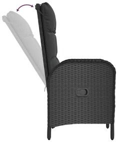 3 pcs conjunto de jantar p/ jardim c/ almofadões vime PE preto