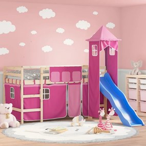 vidaXL Cama alta para criança com torre 80x200 cm pinho maciço rosa