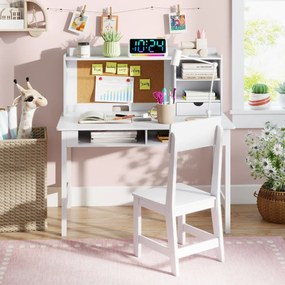 Conjunto de secretária e cadeira infantil em madeira com prateleira de cortiça, estação de computador para quarto, escola, branco