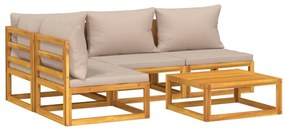 5pcs conj. lounge jardim madeira c/almofadões cinza-acastanhado