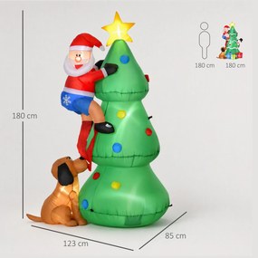 Árvore de Natal insuflável 180 cm com luzes LED, Pai Natal e cão, para interior e exterior, multicolor