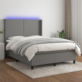 Cama box spring c/ colchão e LED 140x190 cm tecido cinza-escuro