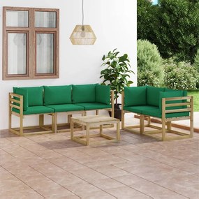 6 pcs conjunto lounge de jardim com almofadões verdes