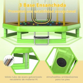 Trampolim 223cm com escada e escorrega crianças, Rede de segurança de metal galvanizado para crianças 3+ anos Carga 270kg Verde